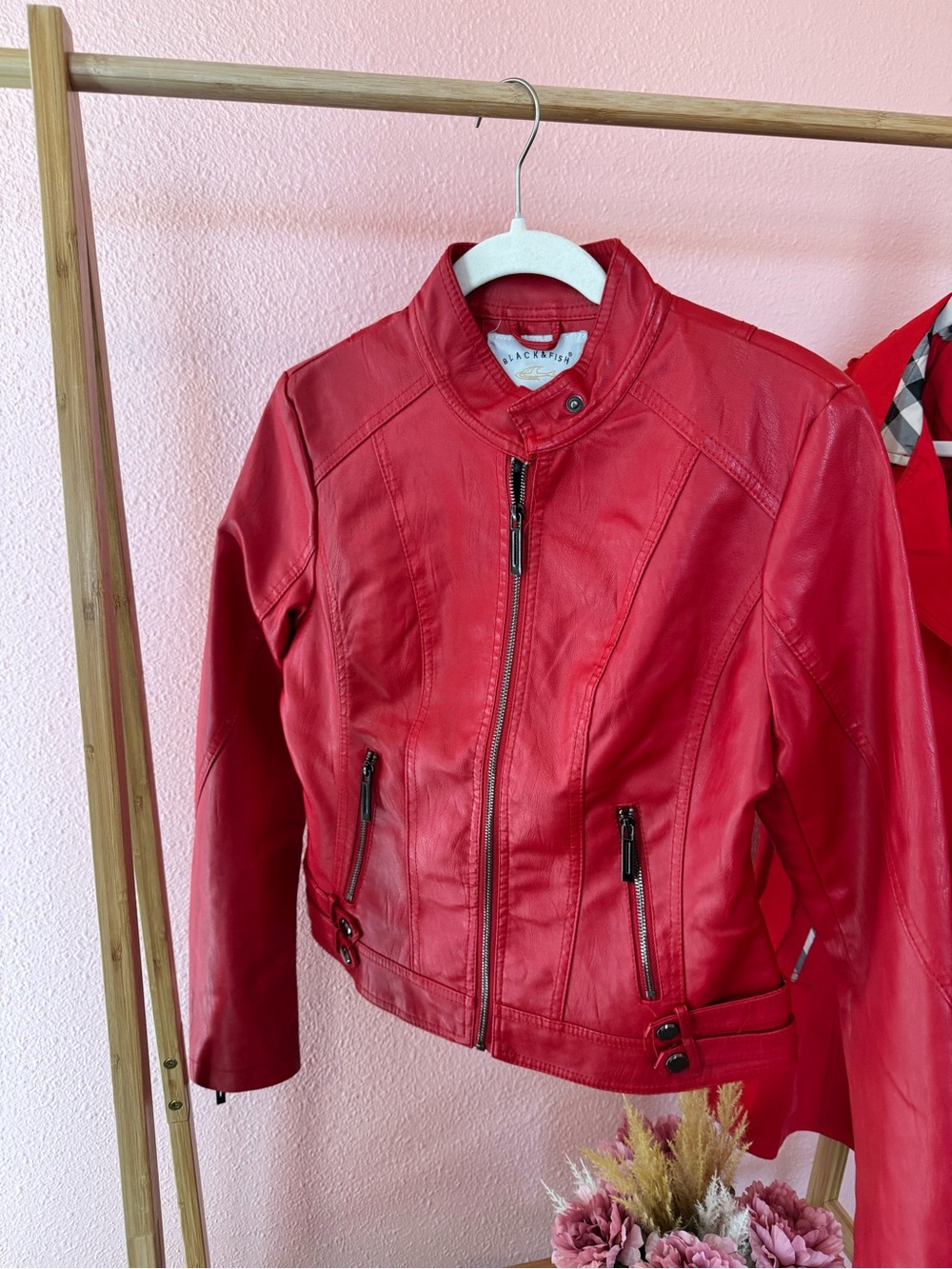 Black Rivet Red Faux Leather Moto Jacket with Zip Pockets
